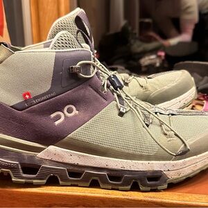 On Running Green and Purple hiking boots with Rugged Sole. Wore on one hike.